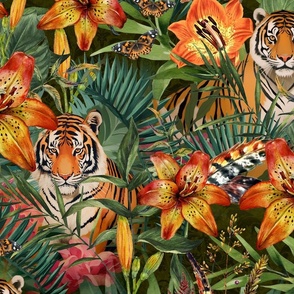 Jungle Opulence: Exotic Floral And Tiger Orange Red Green Large Scale