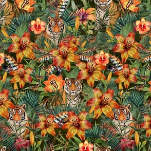 Jungle Opulence: Exotic Floral And Tiger Orange Red Green Medium Scale