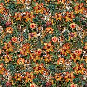 Jungle Opulence: Exotic Floral And Tiger Orange Red Green Smaller Scale
