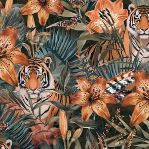 Jungle Opulence: Exotic Floral And Tiger Orange Teal Large Scale