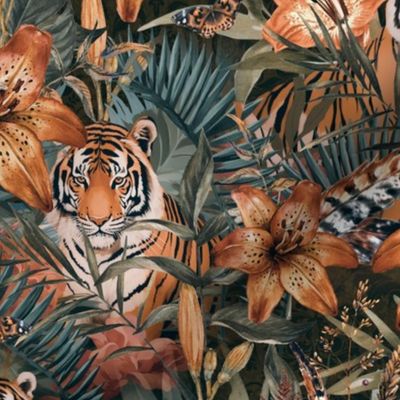 Jungle Opulence: Exotic Floral And Tiger Orange Teal Medium Scale
