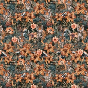 Jungle Opulence: Exotic Floral And Tiger Orange Teal Smaller Scale