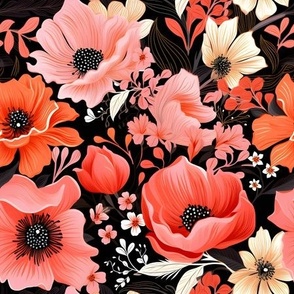 Pink & Orange Floral on Black - medium