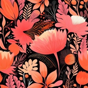 Pink & Orange Florals on Black - medium