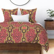 425 - Large Jumbo scale  grunge textured organic irregular ethnic Ikat style in golden yellow, tangerine red and dark chocolate brown - for funky 70s and 60s decor and apparel, wallpaper, duvet covers and table cloths.