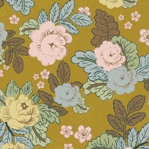 BLOCK PRINT BLUSH PALE YELLOW AND CHOCOLATE VINTAGE LARGE SCALE FLORAL
