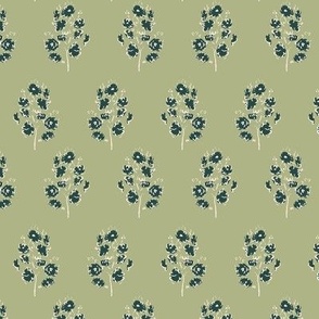 BLOCK PRINT SMALL SCALE INDIAN INSPIRED NAVY FLORAL ON LEAF GREEN