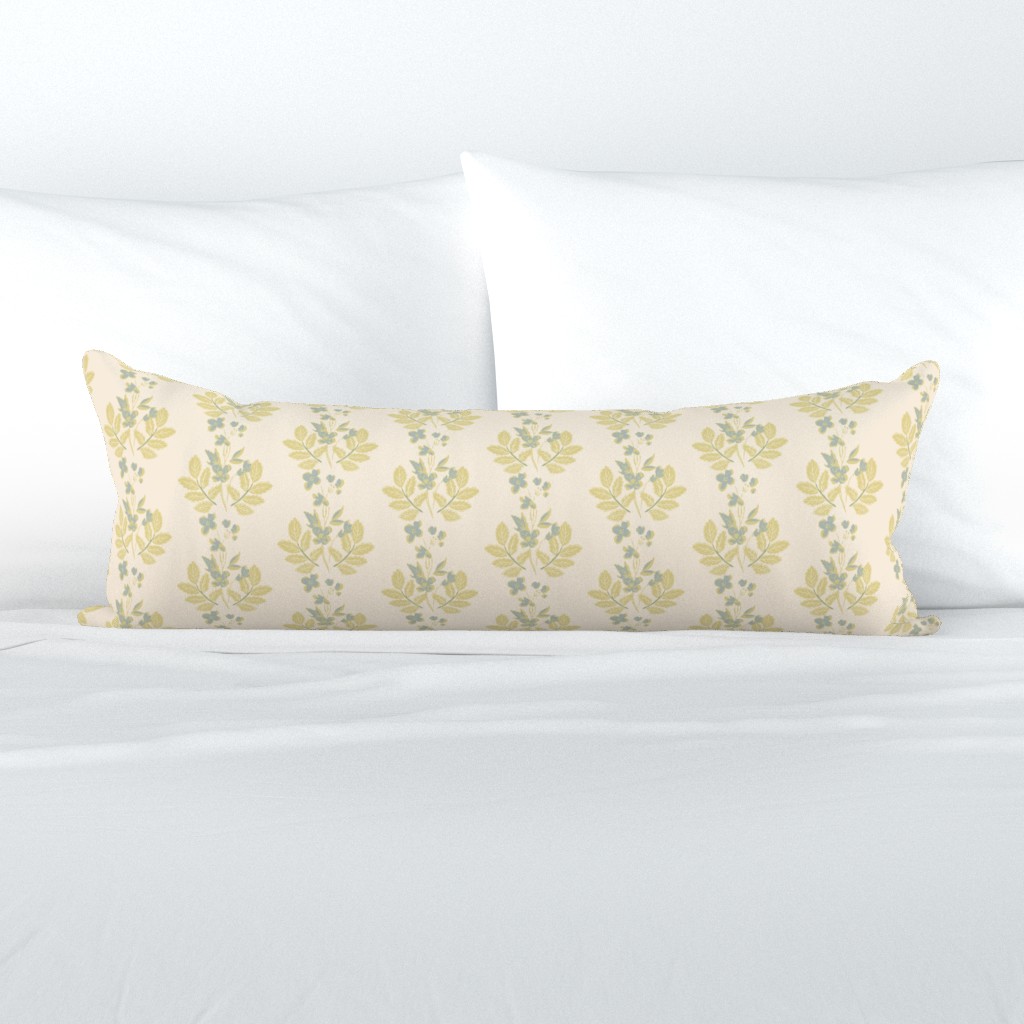 BLOCK PRINT FLORAL STRIPE PALE YELLOW WITH ROBIN'S EGG LEAVES
