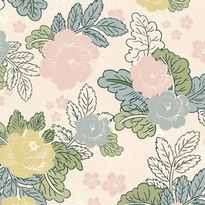 BLOCK PRINT BLUSH PALE YELLOW AND LEAF GREEN VINTAGE LARGE SCALE FLORAL 