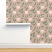 Flowing Pink Tulips with Sage Green Vines on a Neutral Sand Colored Ground