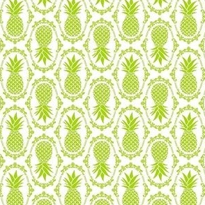 Small Scale Pineapple Fruit Damask Lime Green on White