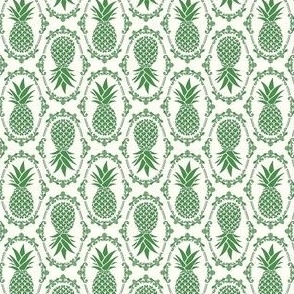 Small Scale Pineapple Fruit Damask Kelly Green on Ivory