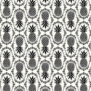 Small Scale Pineapple Fruit Damask Black on Ivory