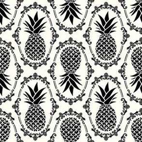 Medium Scale Pineapple Fruit Damask Black on Ivory