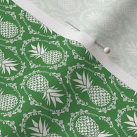 Small Scale Pineapple Fruit Damask Ivory on Kelly Green