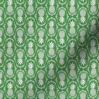 Small Scale Pineapple Fruit Damask Ivory on Kelly Green