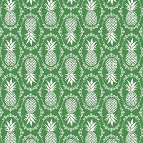 Small Scale Pineapple Fruit Damask Ivory on Kelly Green