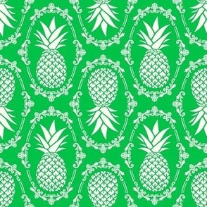 Medium Scale Pineapple Fruit Damask Ivory on Grass Green