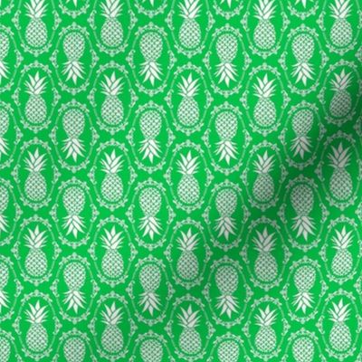 Small Scale Pineapple Fruit Damask Ivory on Grass Green
