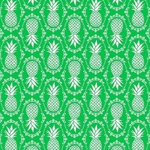 Small Scale Pineapple Fruit Damask Ivory on Grass Green