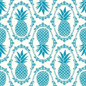 Large Scale Pineapple Fruit Damask Caribbean Blue on Ivory