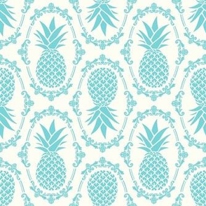 Medium Scale Pineapple Fruit Damask Pool Blue on Ivory