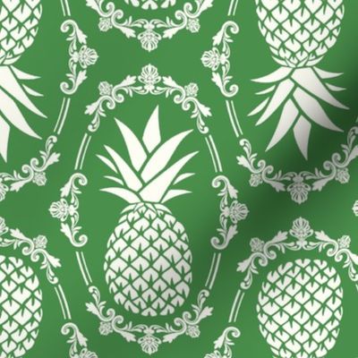 Large Scale Pineapple Fruit Damask Ivory on Kelly Green