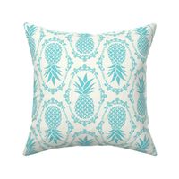 Large Scale Pineapple Fruit Damask Pool Blue on Ivory