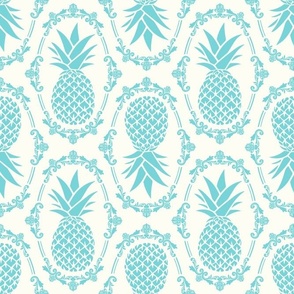 Large Scale Pineapple Fruit Damask Pool Blue on Ivory