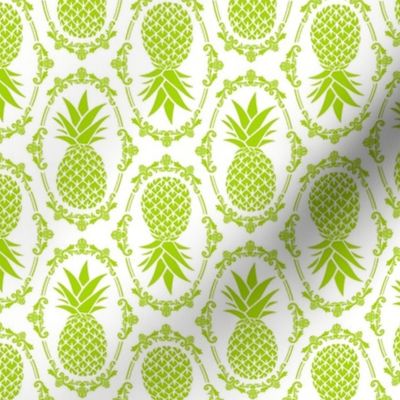 Medium Scale Pineapple Fruit Damask Lime Green on White