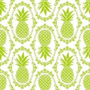 Medium Scale Pineapple Fruit Damask Lime Green on White