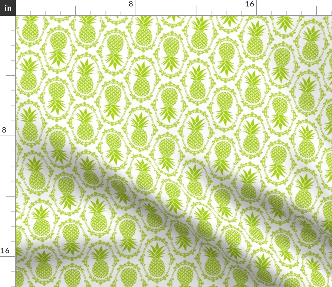 Medium Scale Pineapple Fruit Damask Lime Green on White