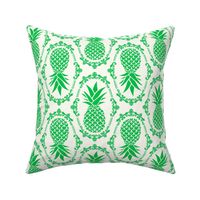 Large Scale Pineapple Fruit Damask Grass Green on Ivory