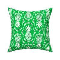 Large Scale Pineapple Fruit Damask Ivory on Grass Green