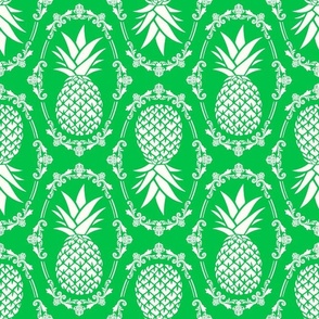 Large Scale Pineapple Fruit Damask Ivory on Grass Green