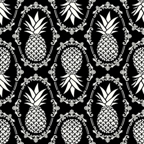 Large Scale Pineapple Fruit Damask Ivory on Black