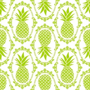 Large Scale Pineapple Fruit Damask Lime Green on White