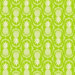 Small Scale Pineapple Fruit Damask White on Lime Green