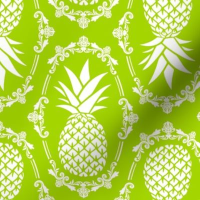 Large Scale Pineapple Fruit Damask White on Lime Green