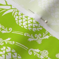 Large Scale Pineapple Fruit Damask White on Lime Green