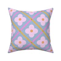 70s retro pink flower on a blue diamond square tiling - pink, blue, yellow