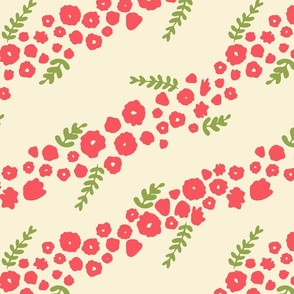 Minimalistic Diagonal Pink Flowers and Green Leaves on Light Background // Medium