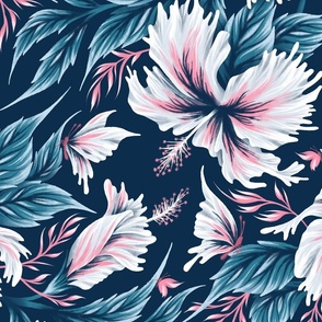 Hibiscus Butterflies - Navy Blue Pink - LARGE