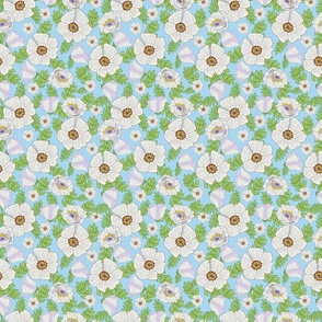 (s) White Poppy of Peace ditsy floral | Bluebelle Blue | Non Directional | 6 inch