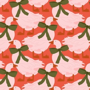 Geese In Bows | Lg Pink Geese on Red