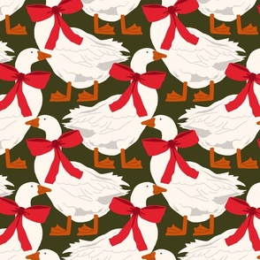 Geese In Bows | Lg White Geese on Green