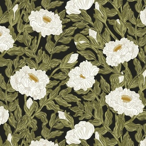 Opium poppy garden –  off white, olive green and  black  // Big scale