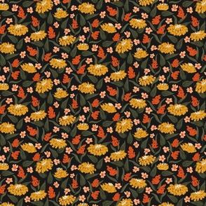 Falling through meadows – mustard yellow, terracotta orange, olive green , peach and  black  // Small scale
