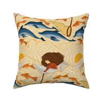 12" Girl on Boat Catching Dolphins - Whimsical and Surrealistic Pattern for Nursery and Kids Room