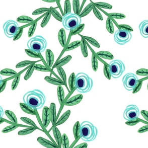 garden ranunculus flowers in blue white and green